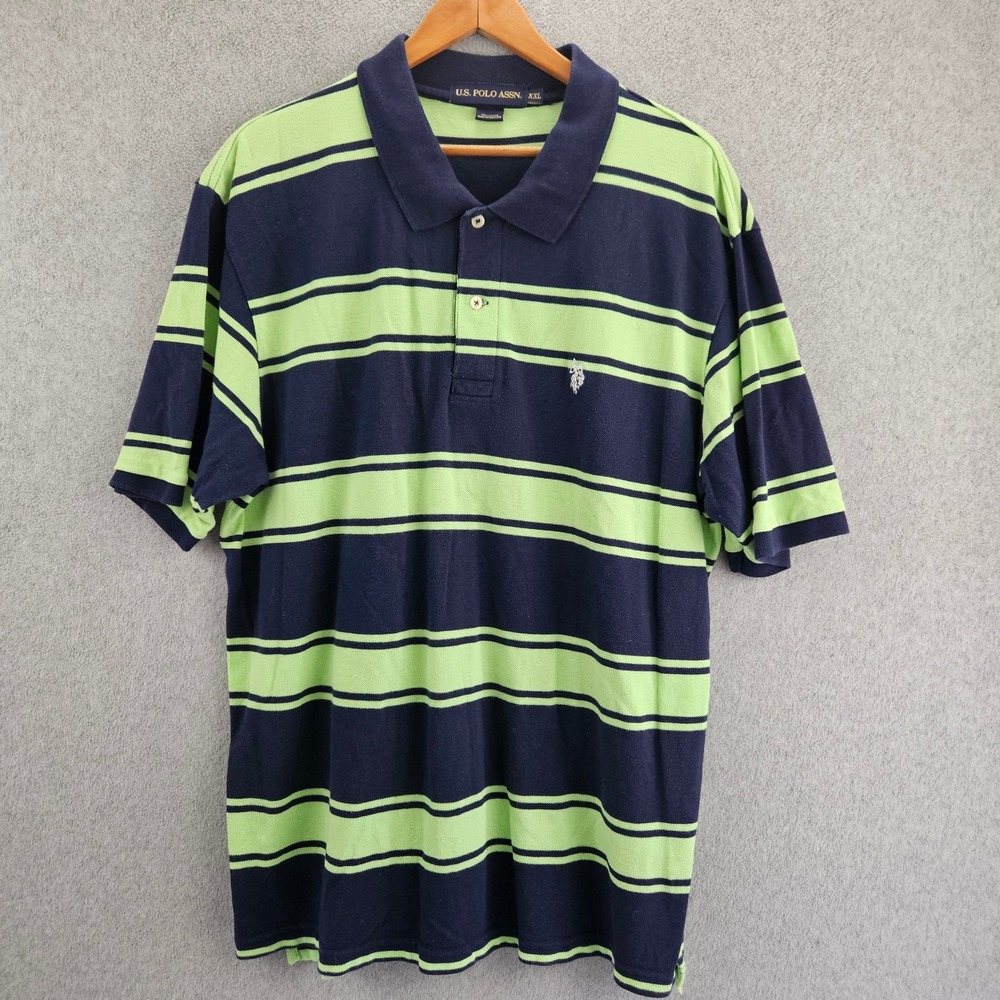 U.S. POLO ASSN. Polo Shirt Mens XXL Navy Green Striped Cotton Casual Preppy SEO